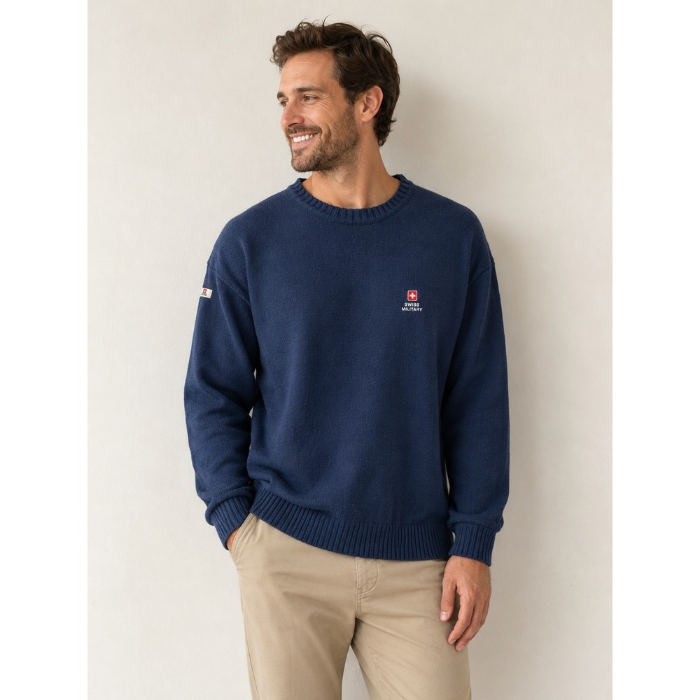 Swiss Military Sweater Mens XL Blue 100% Cotton Knit Crewneck Embroidered Logo